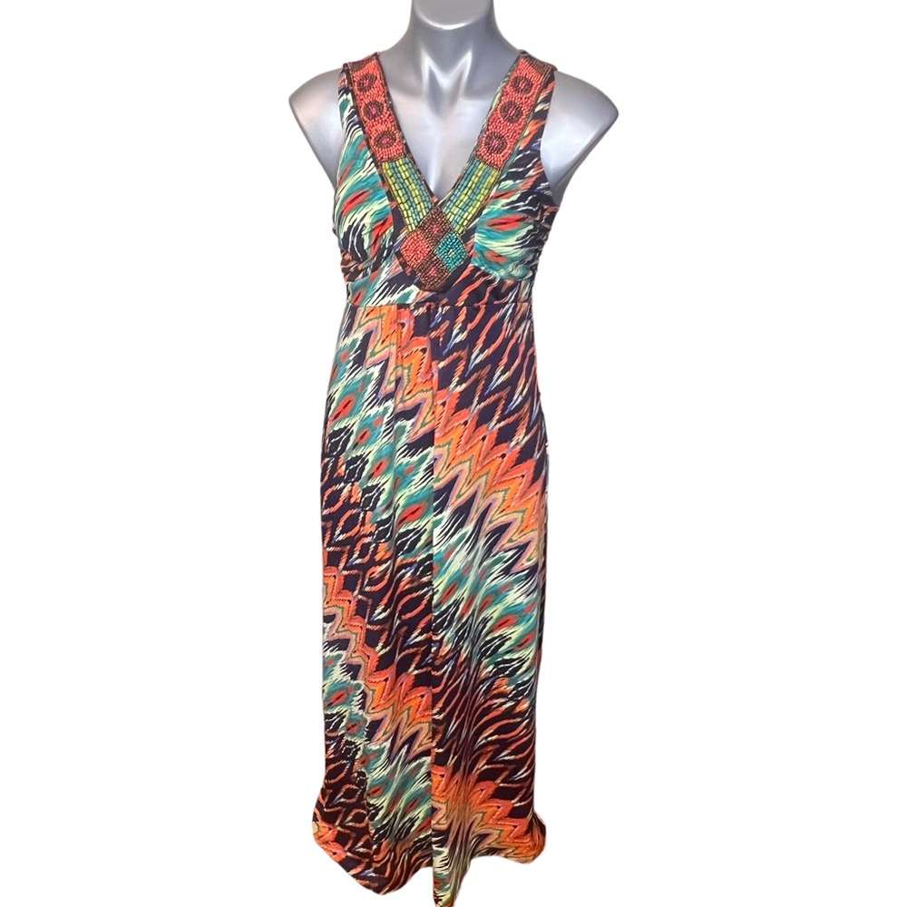 Ny Collection Long Beaded Boho Maxi Dress Sleevel… - image 1